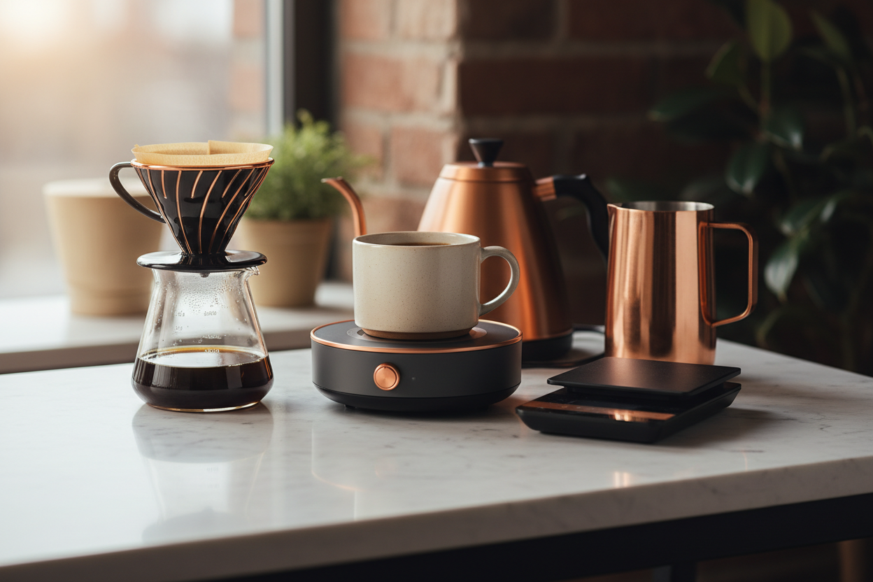 Manual pour over coffee set with copper kettle.