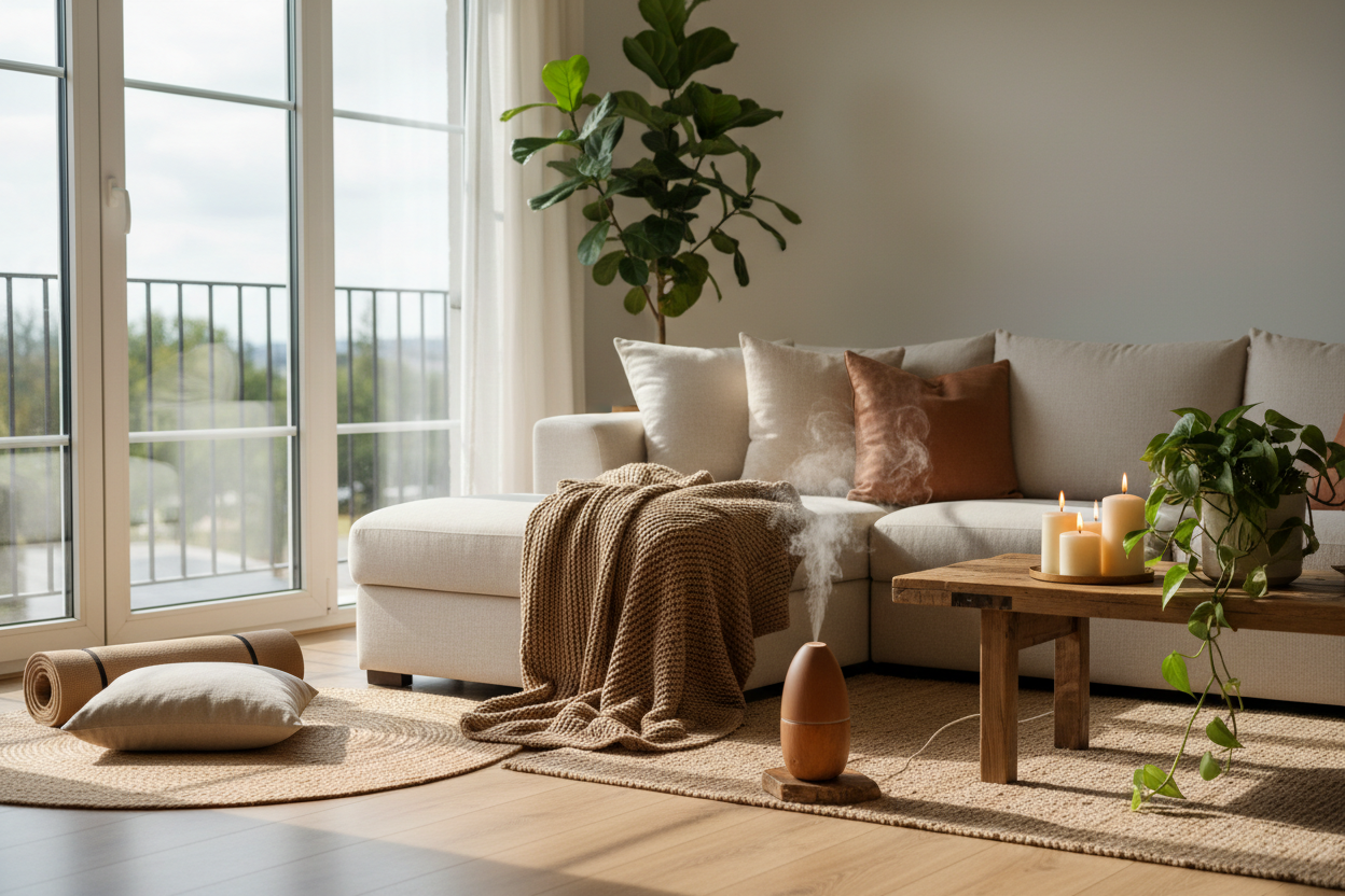 Calm home wellness interior with natural light, soft textiles, plants and minimalist living room design.