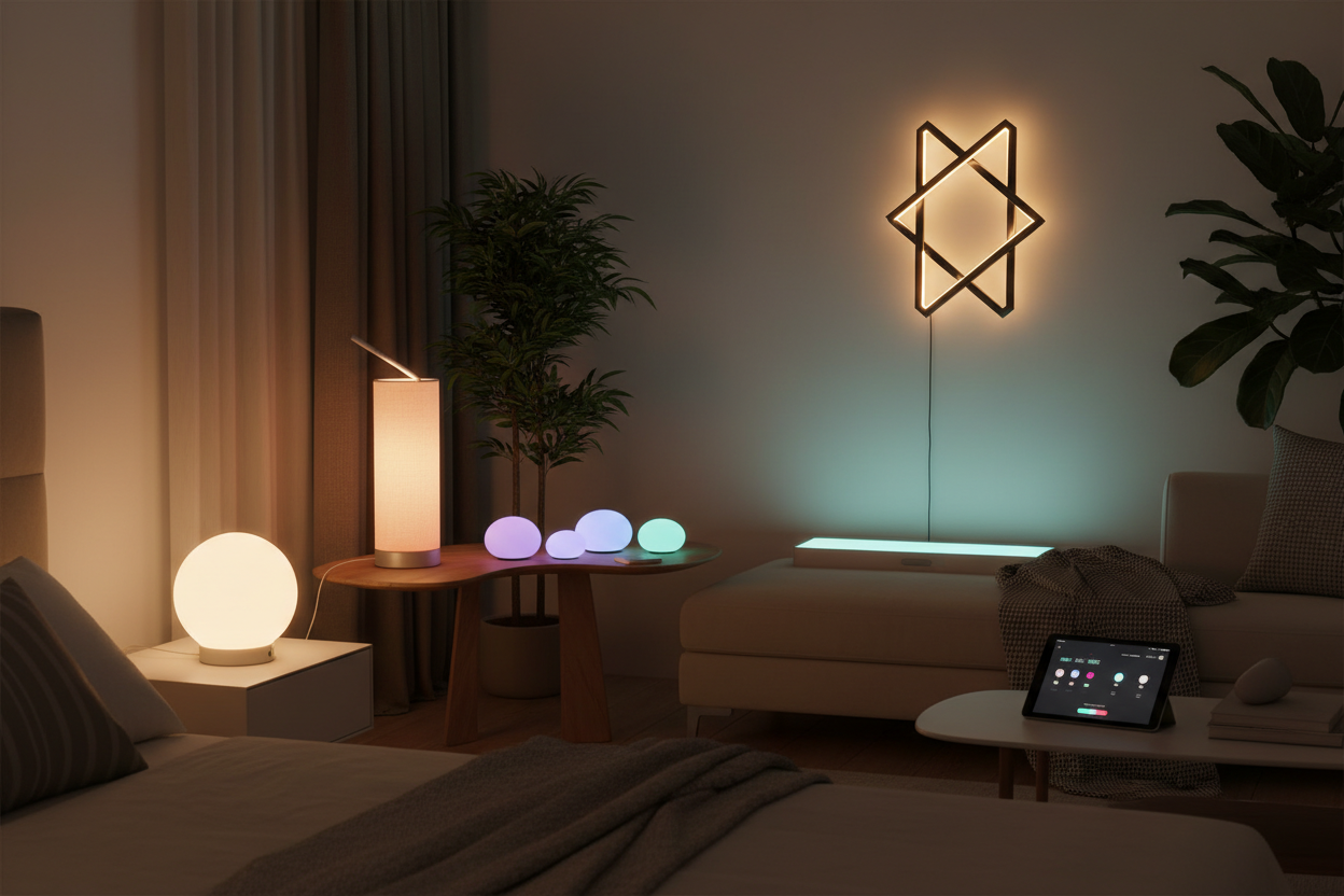 Modern LED night lights creating warm ambient lighting in a cozy bedroom interior.