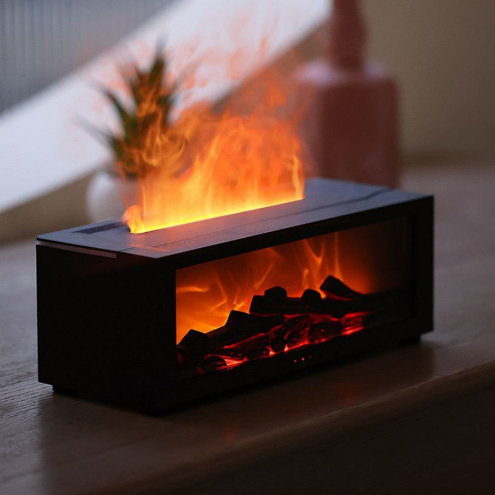 Modern electric fireplace insert on a wooden surface with flames and glowing coals.