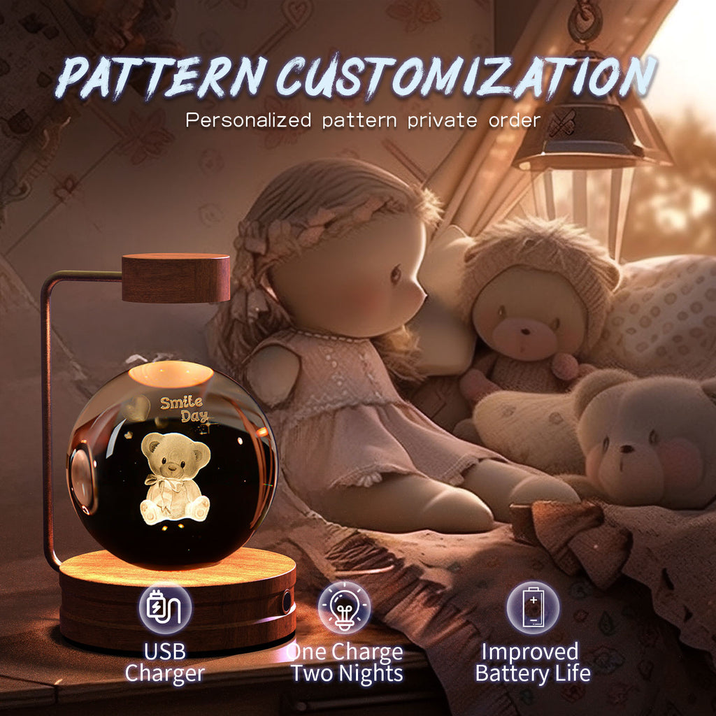 Decorative night light with teddy bear design, USB charger and customizable pattern features.
