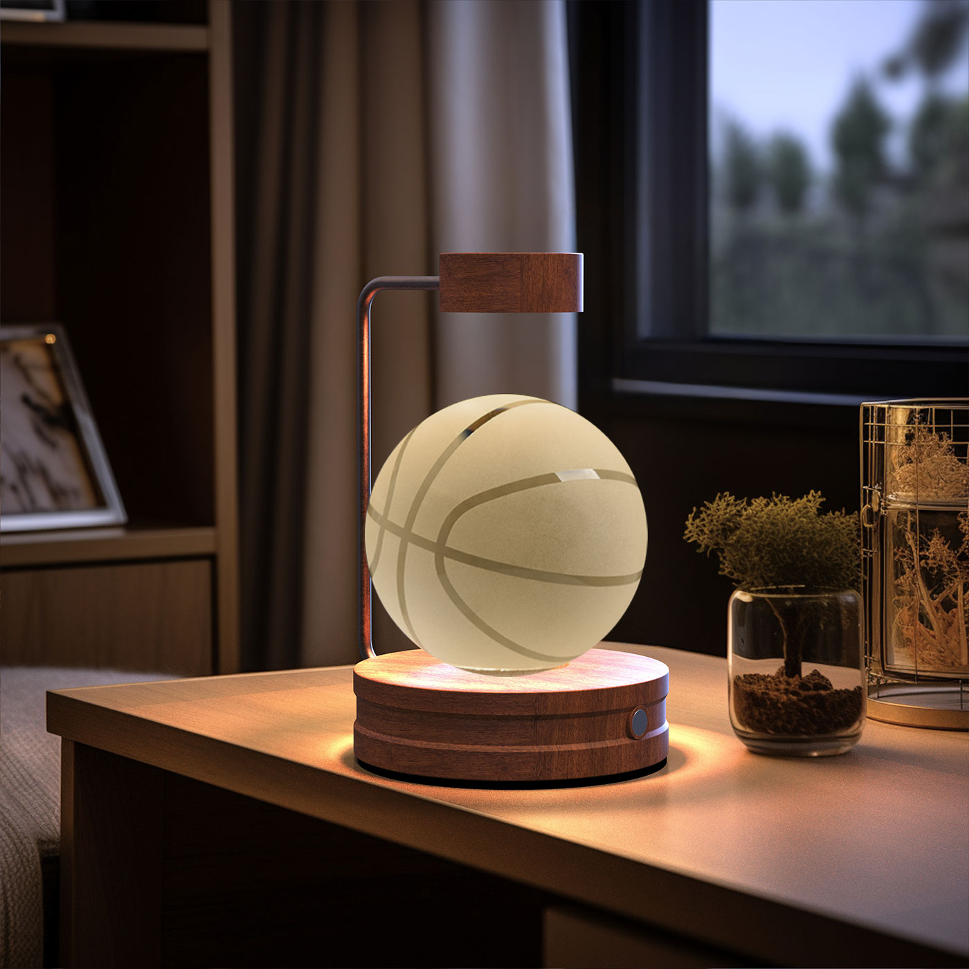 Decorative lamp shaped like a basketball on a table with a blurred background.