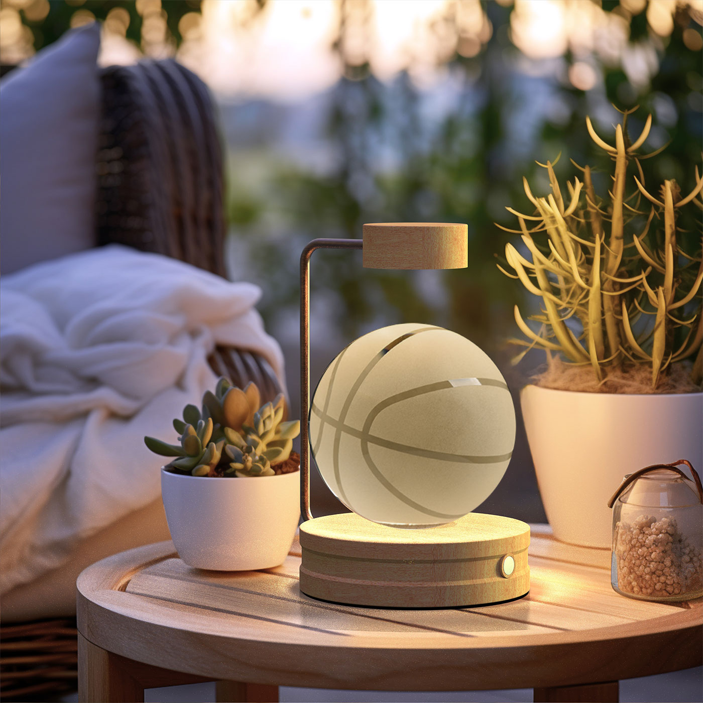 Basketball-shaped lamp on a wooden table with plants and pillows in the background.