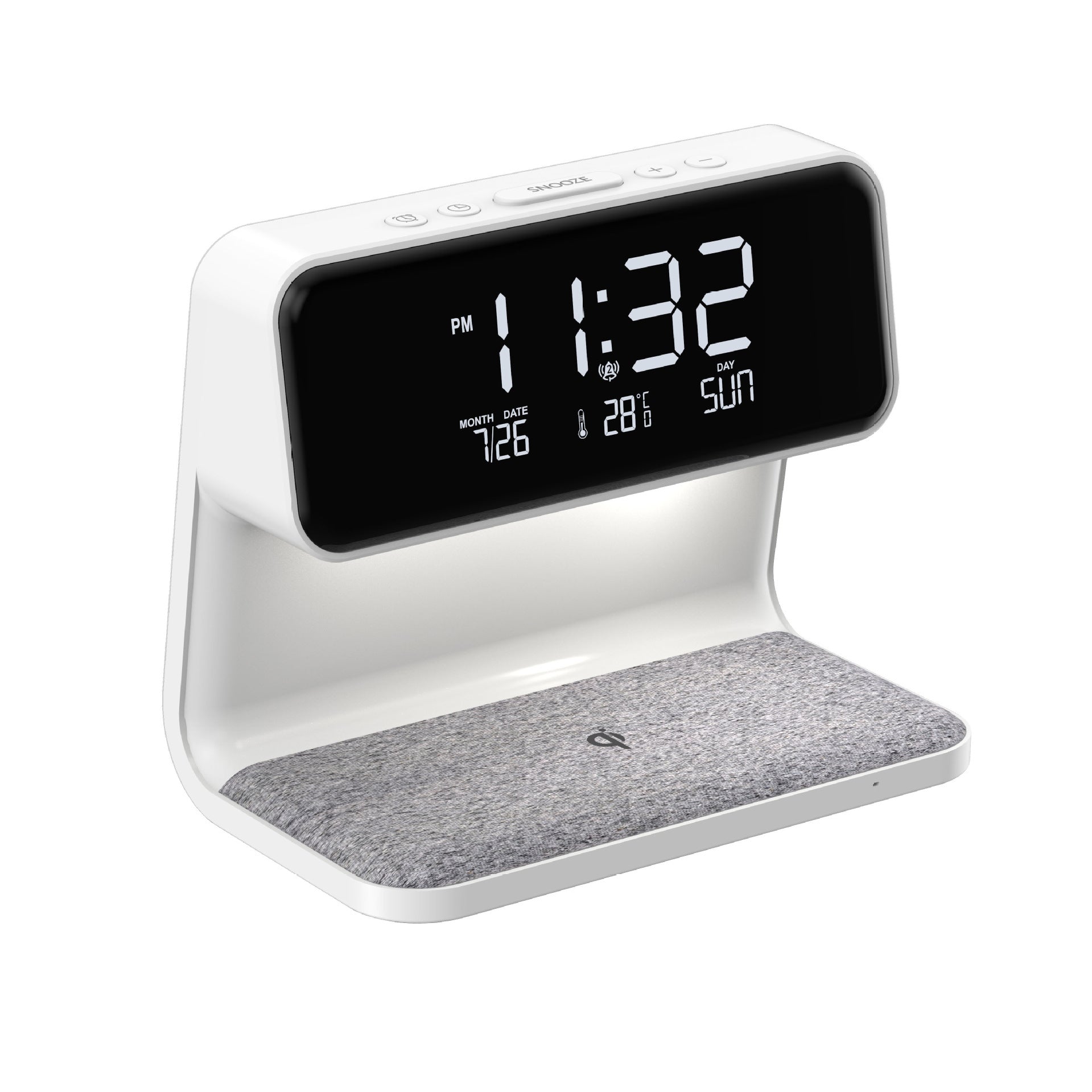 Alarm clock with white base and gray felt surface on white background.