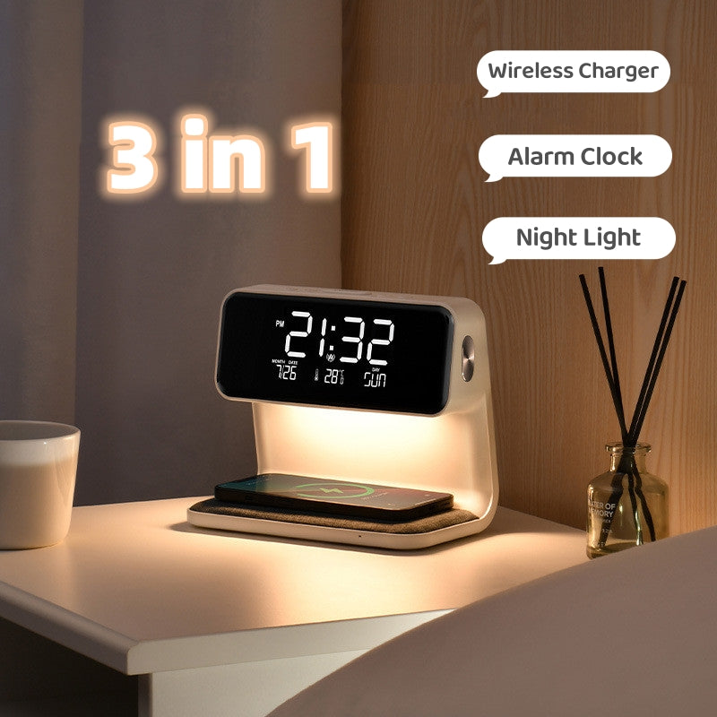 Multifunctional night light with wireless charger and alarm clock on a bedside table.