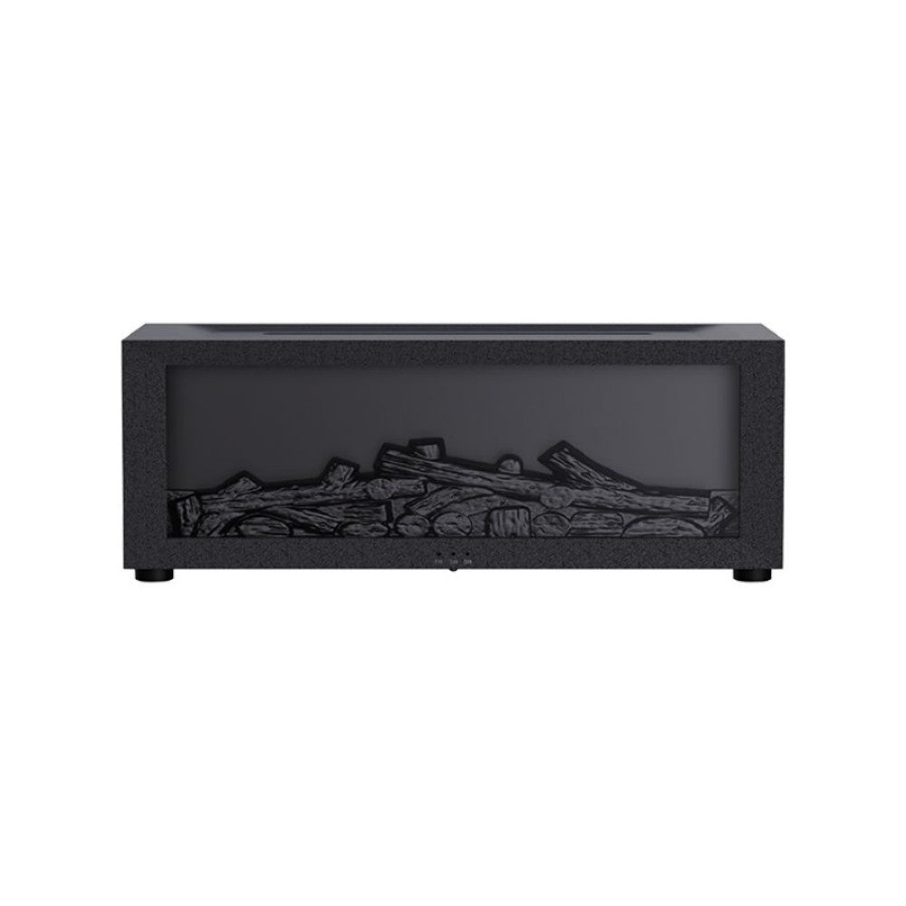 Black electric fireplace insert with logs on a white background.
