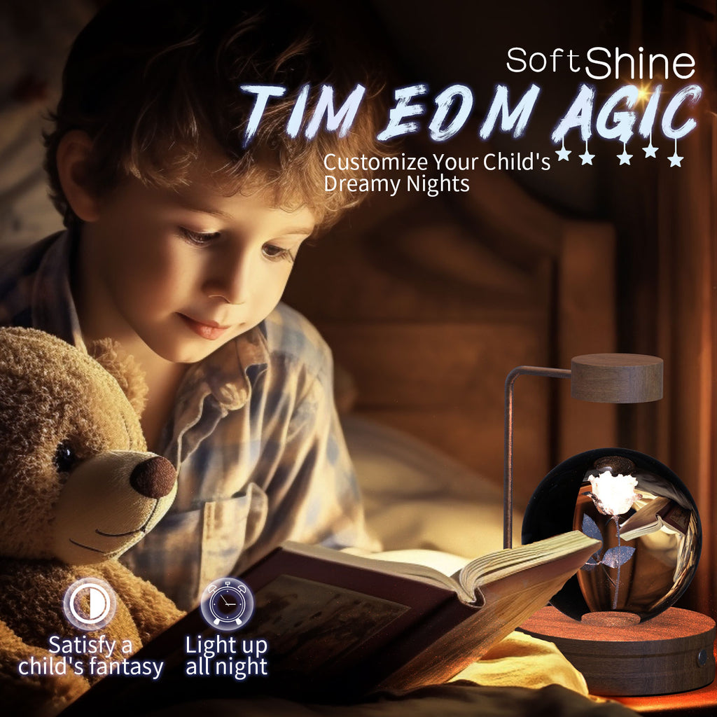 Child reading a book with a teddy bear, surrounded by ball led night light.
