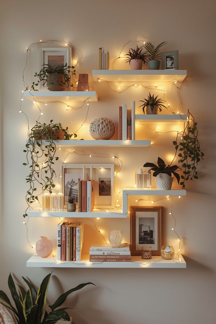 Stylish cozy home decor with shelves, soft lighting and plants.