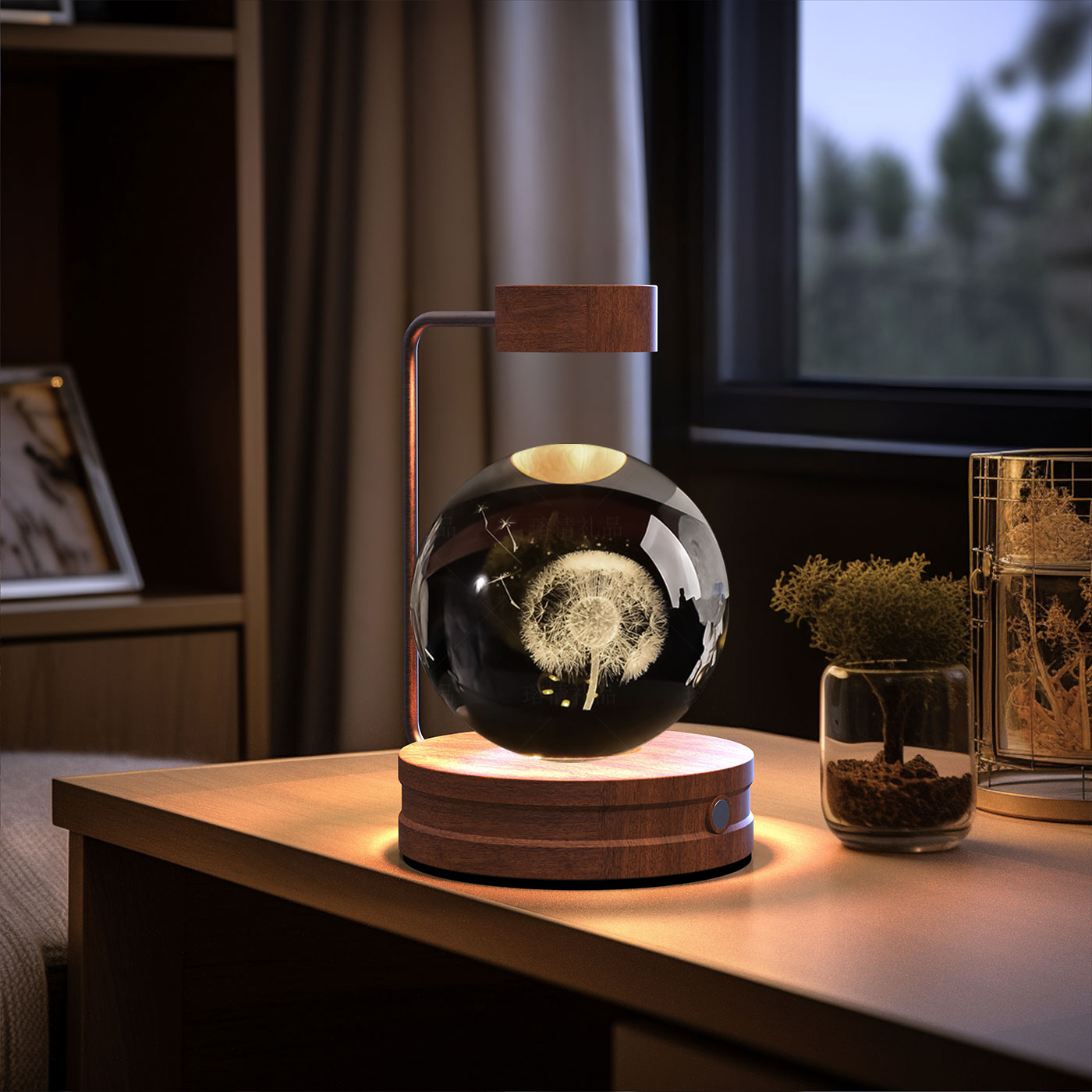 Futuristic lamp with a glass globe on a wooden base in a room setting.