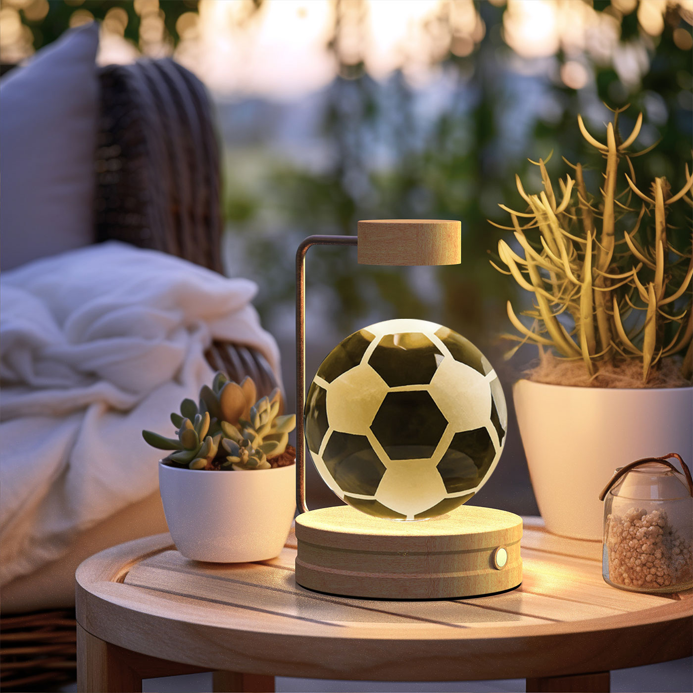 Spherical lamp with soccer ball design on a wooden table outdoors.