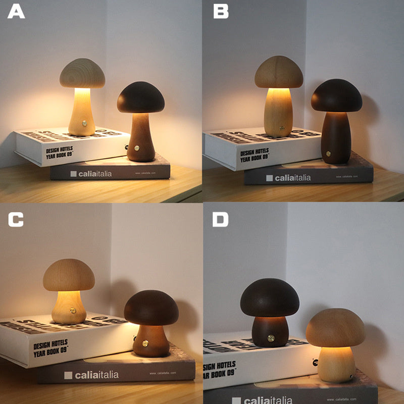 Four pictures with two mushroom-shaped lamps on books with neutral background.
