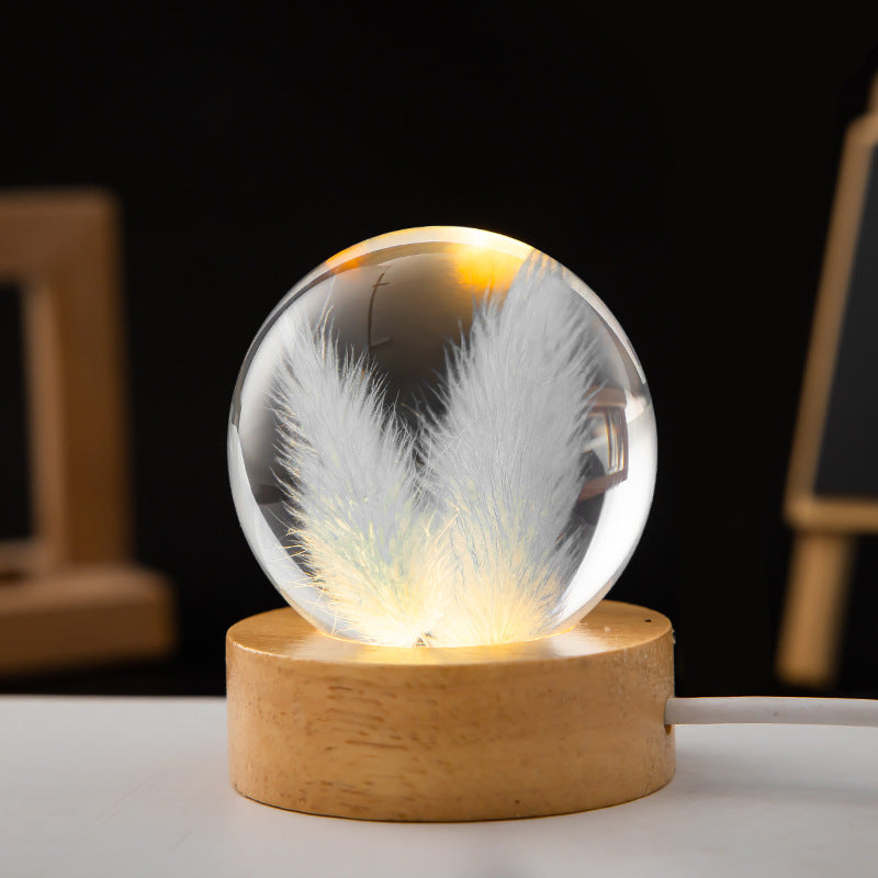 Glass sphere with feathers inside on a wooden base against a dark background