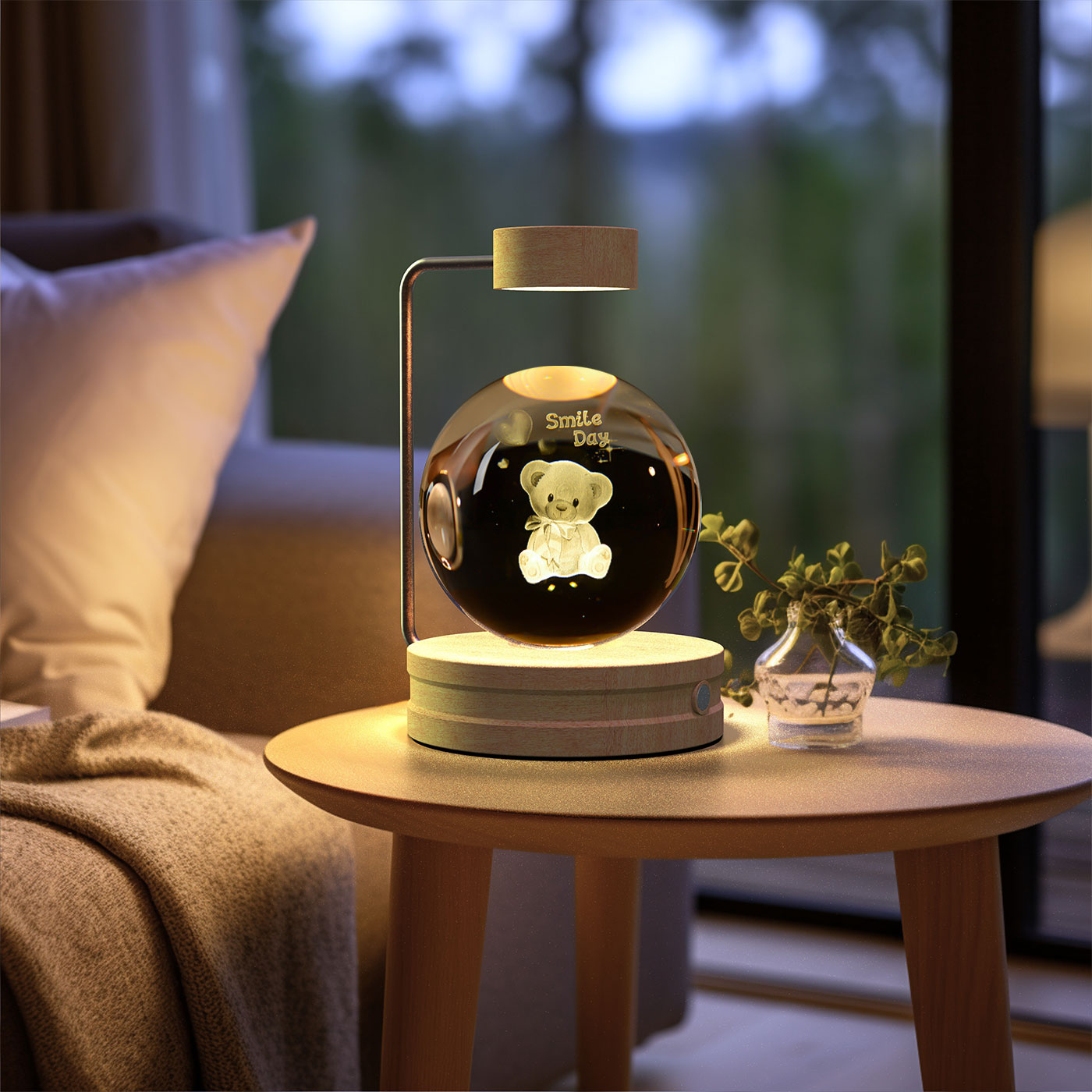 Decorative lamp with a teddy bear inside on a table in a cozy room.