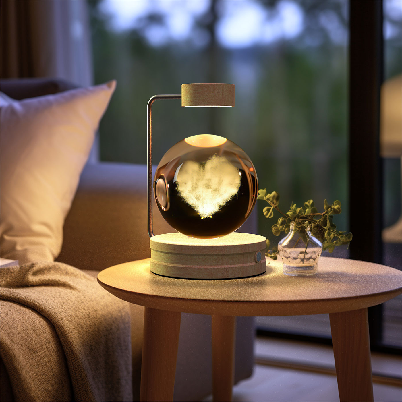 Modern table lamp on a wooden side table with a blurred background.