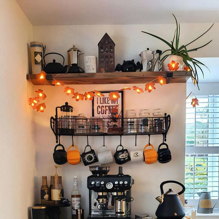 Stylish home coffee corner with wooden wall shelf, decorative lamps and modern accessoriers.
