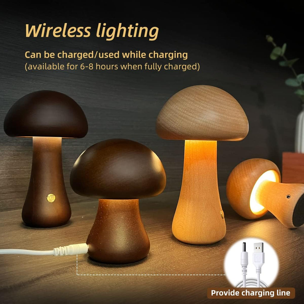 Wooden mushroom-shaped lamps with wireless charging feature on a dark background.