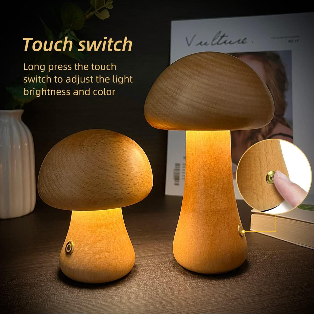 Mushroom-shaped lamps with a touch switch on a wooden surface.