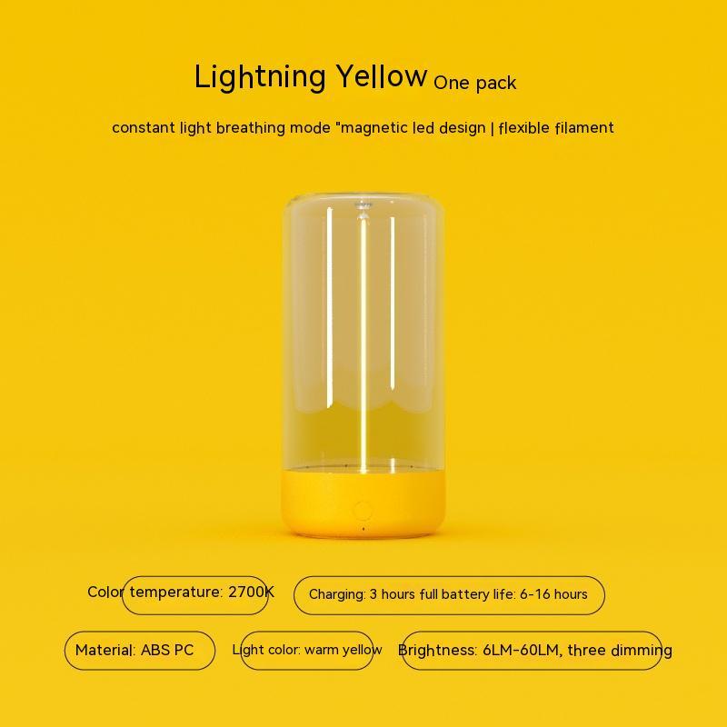 Yellow portable LED night light on yellow background with product details.