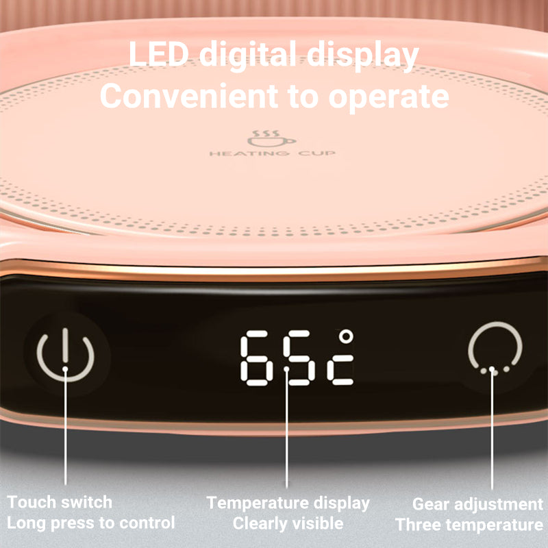 Digital display of a heating cup with temperature control features.