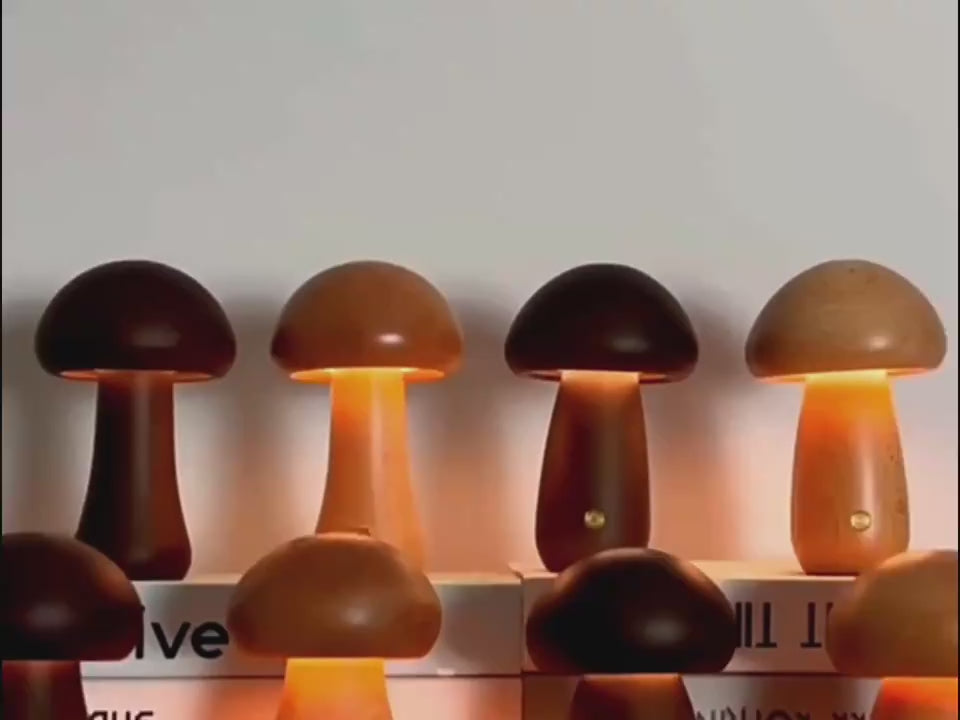 Multiple mushroom-shaped night lights in dark and light colors, one being turned on and off.