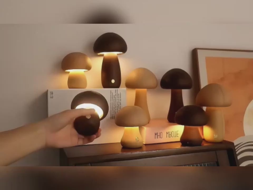 Demonstration of mushroom night lights showing for dark and four light colors, some illuminated.