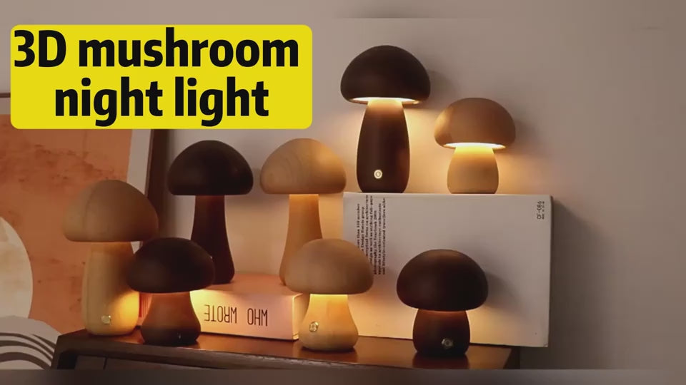 Demonstration of multiple mushroom-shaped night lamps with some switched on and off.