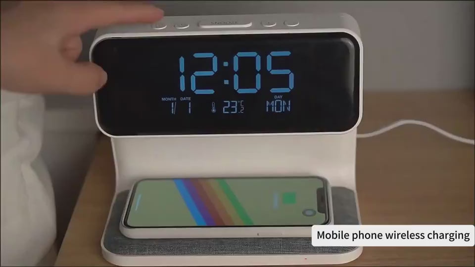 Demonstration of lamp charging phone and changing time with alarm set.