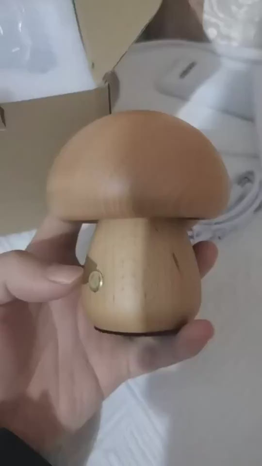 Small light-colored mushroom night light being on and off by hand.
