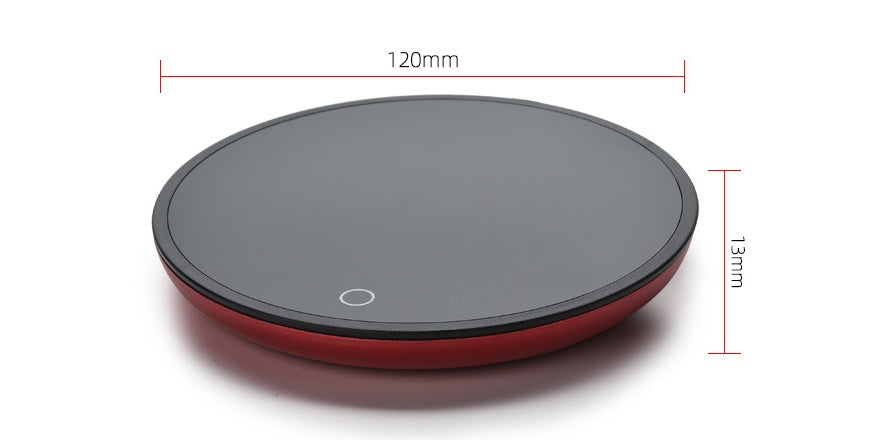 Round black and red device with dimensions indicated on white background.
