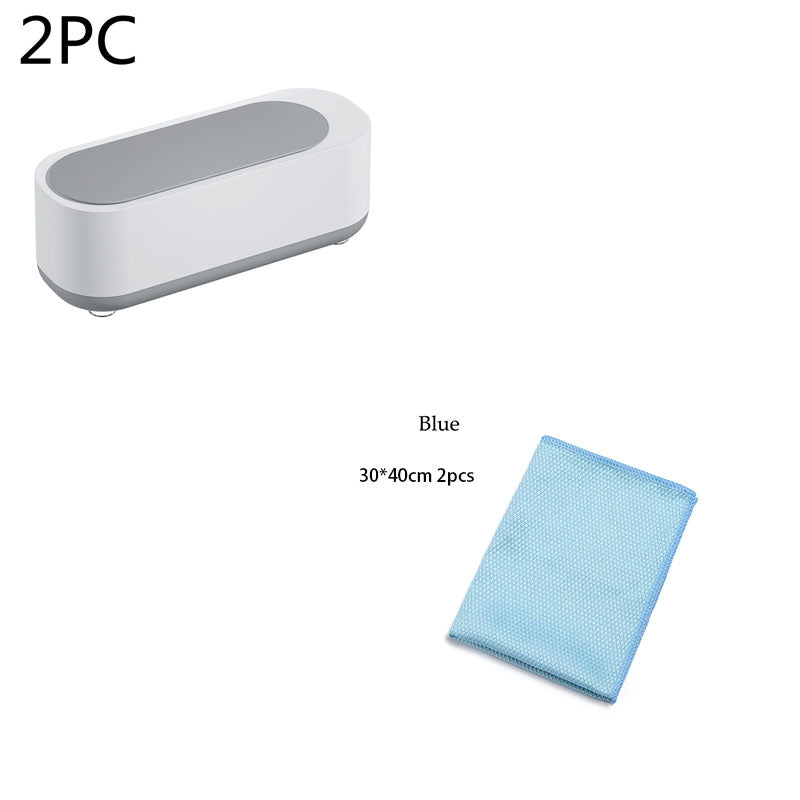 White and gray two cleaning devices with a blue microfiber cloth on a white background.
