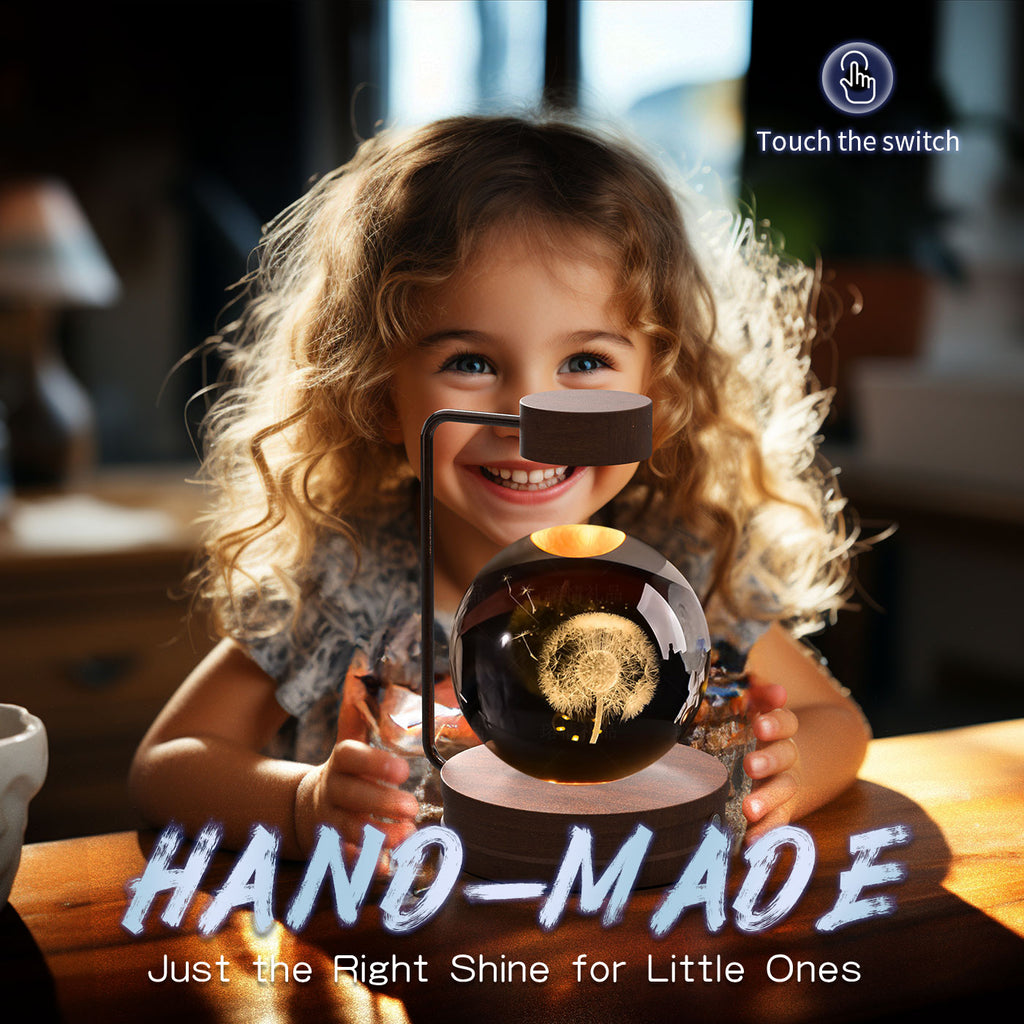 Child holding a crystal ball with «Hand-Made» text and «Just the Right Shine for Little Ones» text.