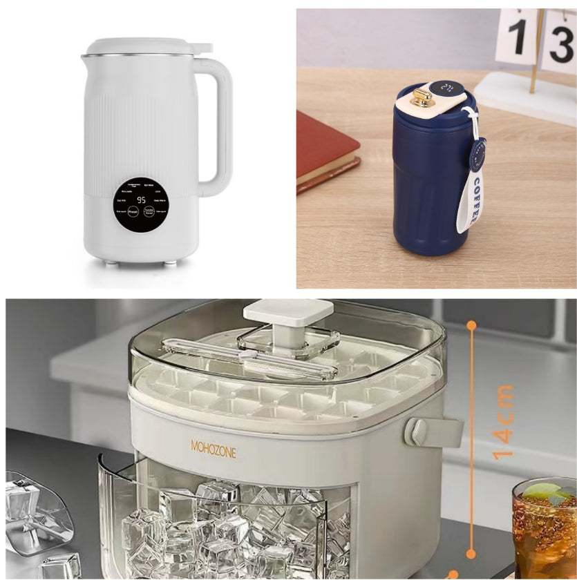 Collage of three kitchen appliances including a white electric kettle, a blue coffee maker, and an ice maker with ice cubes.
