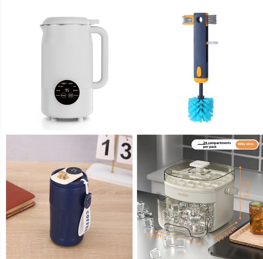 Collage of kitchen items including a white electric kettle, a blue cleaning brush, a blue water bottle, and a clear ice cube tray.