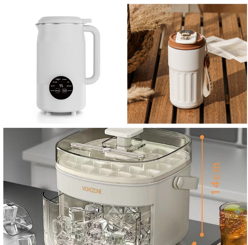 Collage of a white electric kettle, a portable coffee maker, and an ice maker with measurement details.