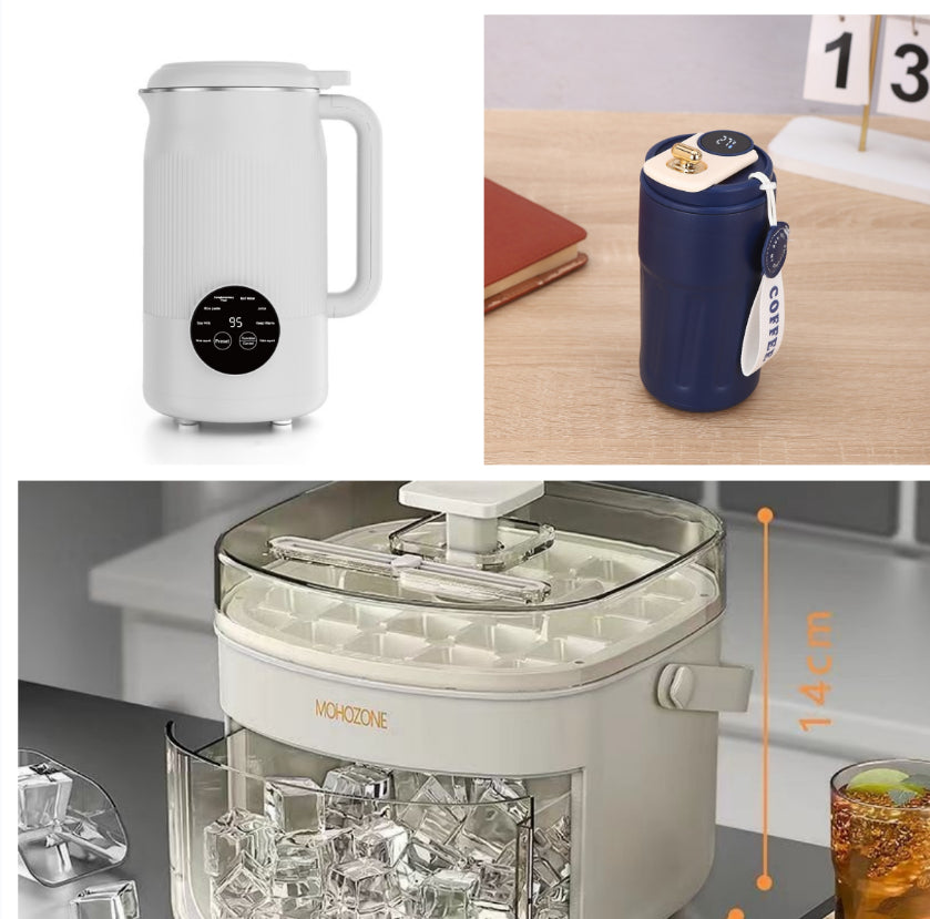 Collage of kitchen appliances including a white kettle, blue thermos, and ice maker with measurements.