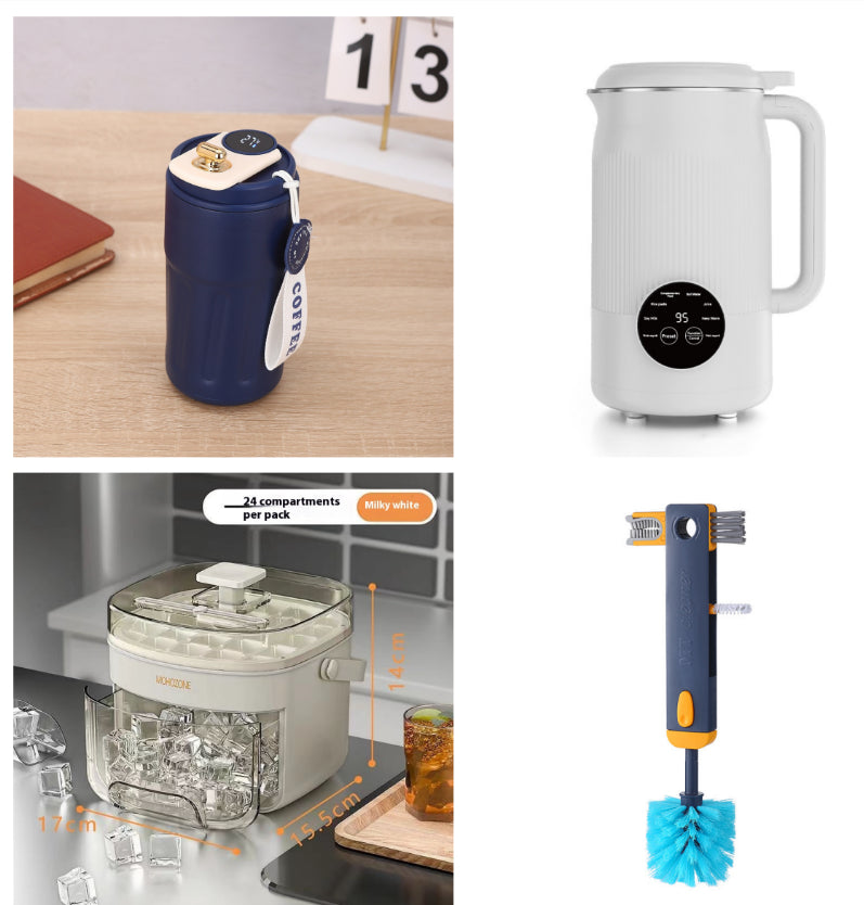Collage of kitchen items including a coffee maker, white appliance, ice cube tray, and cleaning brush.
