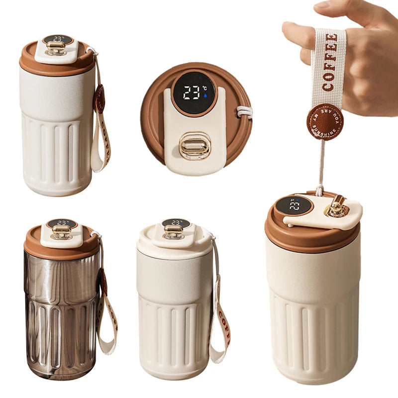 Collection of insulated travel mugs with digital temperature display and coffee-themed strap.