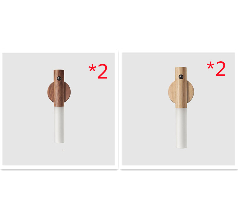 Two usb dark wooden and two usb light wooden night lights with different quantities on white background.