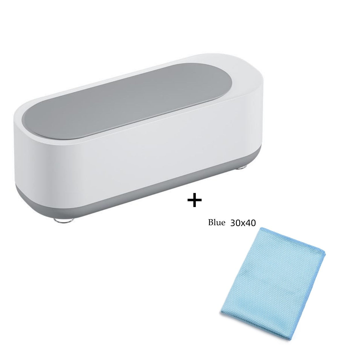 White and gray cleaning device with a blue microfiber cloth on a white background.
