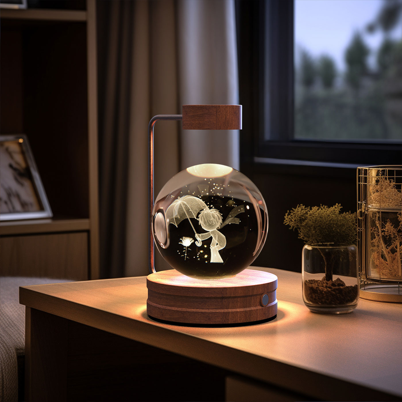 Decorative lamp with a glass sphere on a wooden table in a room setting.
