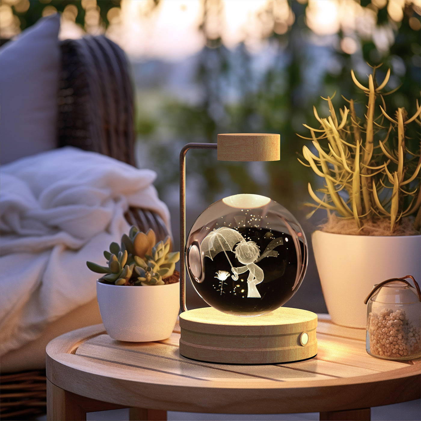 Decorative lamp on a table with plants and pillows in the background.