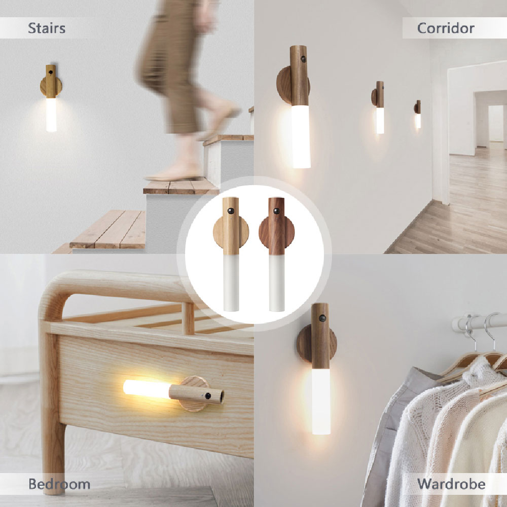 Usb night light, collage of wall sconces in various settings including stairs, corridor, bedroom and wardrobe.
