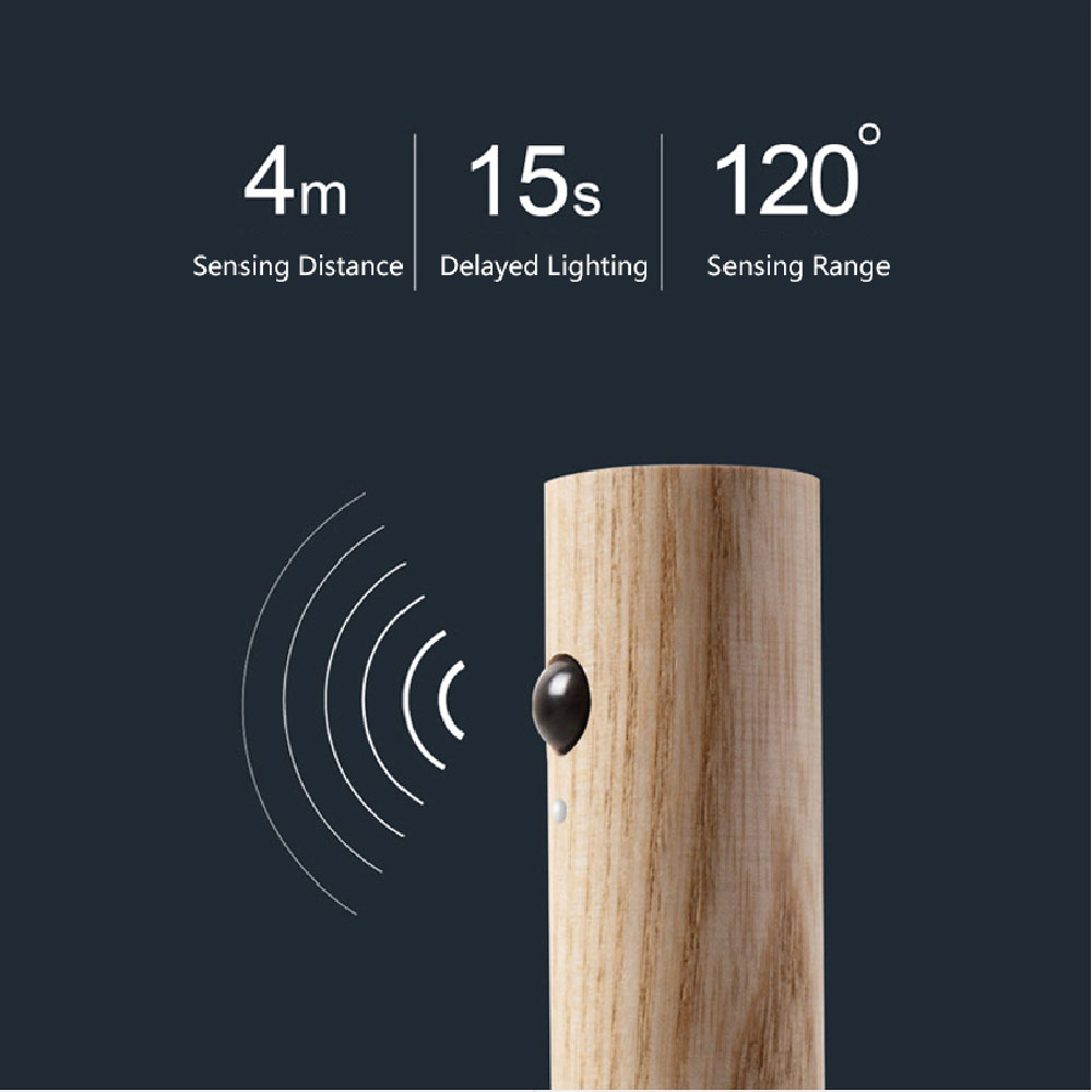 Wooden cylindrical object with sensor and text indicating sensing distance, delayed lighting and sensing range on dark background.