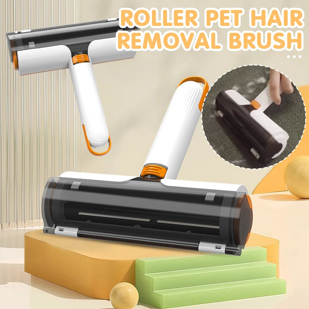 Roller pet hair removal brush with close-up inset on a neutral background.