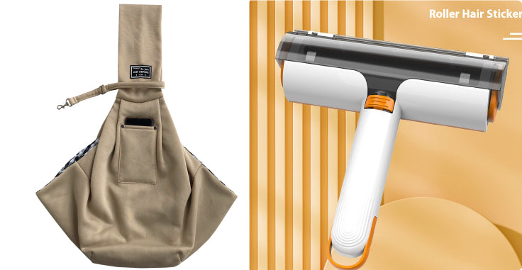 Beige bag and white hair removal roller on a striped background.