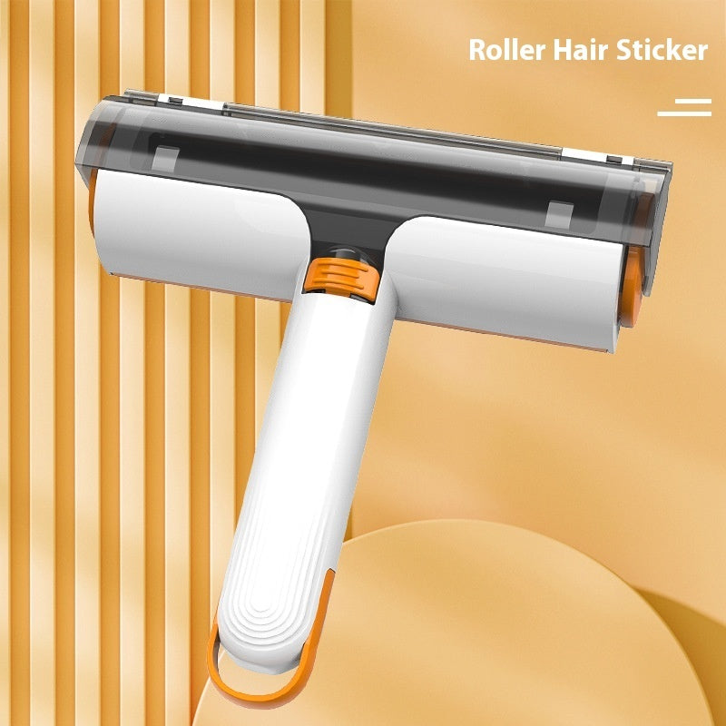 Roller hair sticker with a white handle and black roller on a beige background.